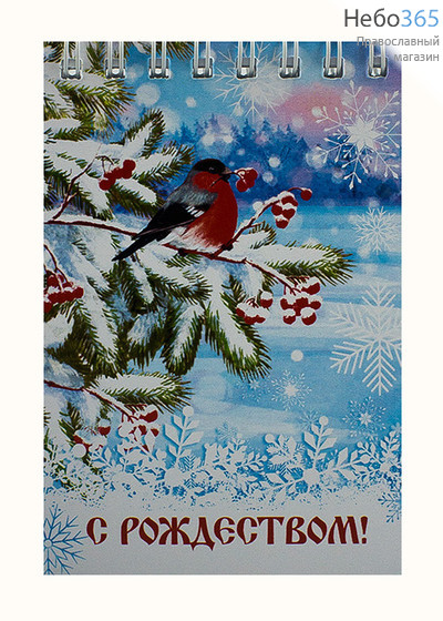  Блокнот рождественский, Снегирь на ветке, на пружине, с нелинованными листами, 7 х 10,5 см, фото 1 
