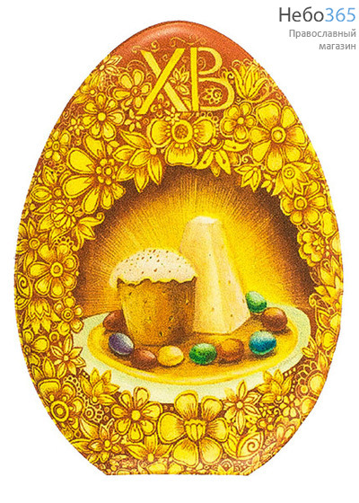 Магнит пасхальный, мягкий "Яйцо", с изображением пасхи, кулича и яиц, на коричневом фоне с желтыми цветами, 6 х 8 см, фото 1 