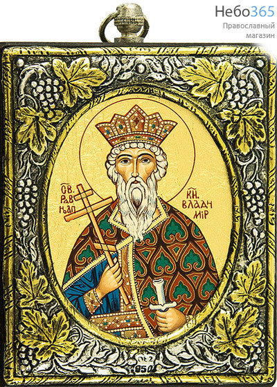  Икона на дереве 22PSG 9х11, шелкография, посеребренная риза равноапостольный князь Владимир, фото 1 