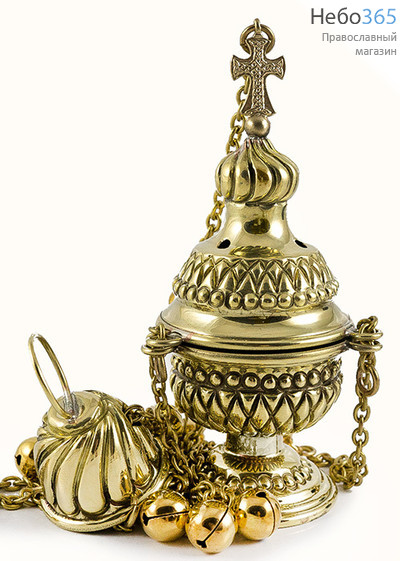  Кадило малое латунное требное, с 8 позвонцами, с чеканкой, с медной чашей, высотой 16 см вид чеканки № 4, фото 1 