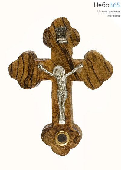  Крест деревянный Иерусалимский из оливы, с металлическим распятием, с 1 вставкой, высотой 9 см, фото 1 