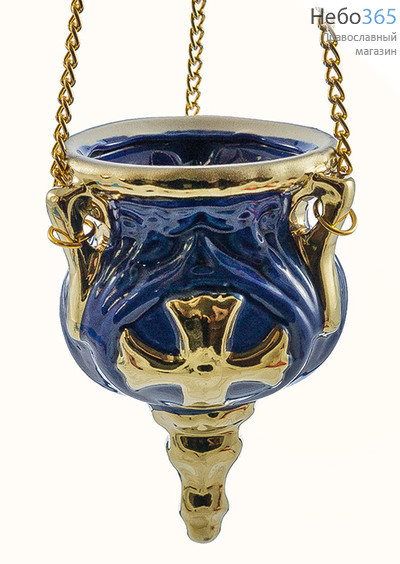  Лампада подвесная керамическая Шар, с крестом, с эмалью и золотом, высотой 15 см, с цепями, фото 1 