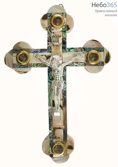  Крест деревянный Иерусалимский из оливы, с перламутром, с металлическим распятием, с 4 вставками, высотой 18 см, фото 1 