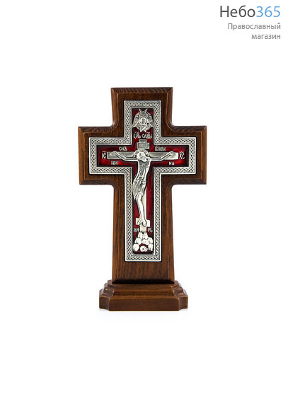  Крест деревянный 17123-1, с вклейкой из гальваники, с эмалью, на подставке, плетенка, с посеребрением, ясень с красной эмалью, фото 1 
