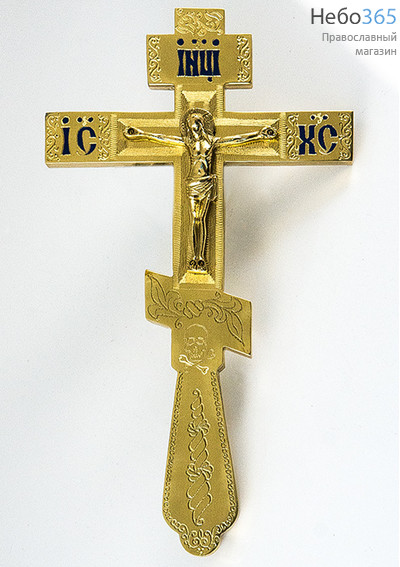  Крест напрестольный из латуни, с накладным распятием, восьмиконечный, с гравировкой и эмалью, высотой 26 см, № 8, фото 1 