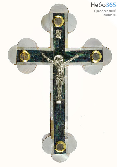  Крест деревянный Иерусалимский из оливы, с темно-зеленым перламутром, с 4 вставками, с металлическим распятием, высотой 22,5 см, фото 1 