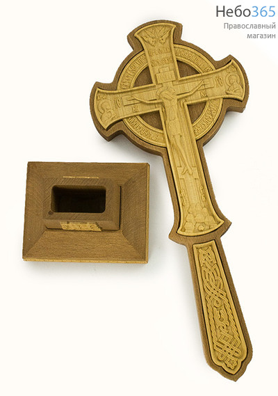  Крест напрестольный деревянный резной, двухсоставной, из кипариса и бука, с ручкой, на подставке, высотой 30 см, маш. резьба. ручн. доводка, 076, фото 2 