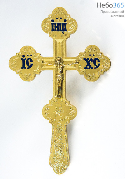  Крест напрестольный из латуни, с накладным распятием, по форме Трилистник, с гравировкой и эмалью, высотой 31 см, № 17, фото 1 