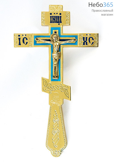  Крест напрестольный из латуни, с накладным распятием, восьмиконечный, с гравировкой и эмалью, высотой 26 см, № 9, фото 1 