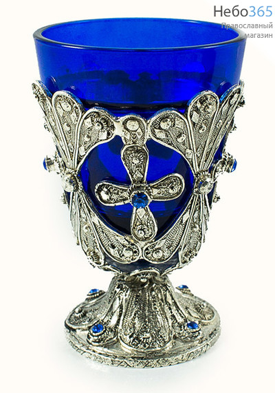  Лампада настольная металлическая филигрань, сплав свинца и цинка, красный стеклянный стакан, стразы, 12,5 см №14 с синеми камнями и синим стаканом, фото 1 