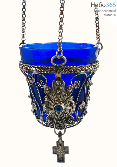 Лампада подвесная металлическая филигрань, сплав свинца и цинка, синий стеклянный стакан, стразы, 12,5 см №36, фото 1 