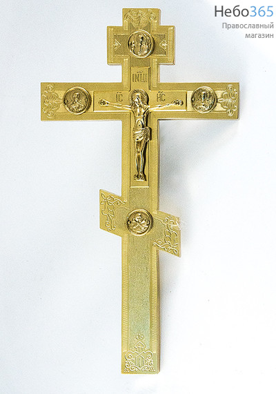  Крест напрестольный из латуни, с накладным распятием, восьмиконечный, с гравировкой, высотой 31,5 см, № 25, фото 1 