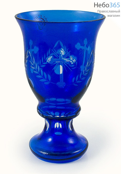  Лампада настольная стеклянная синяя, с крестом,.орнамент листья, объемом 400 мл; 10 х 16 см, № 113, фото 1 