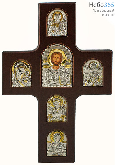  Крест с иконами 13,5х20,5 см, 6 икон, шелкография, серебрение, золочение, деревянная основа (ST1-XAG) (Ж), фото 1 