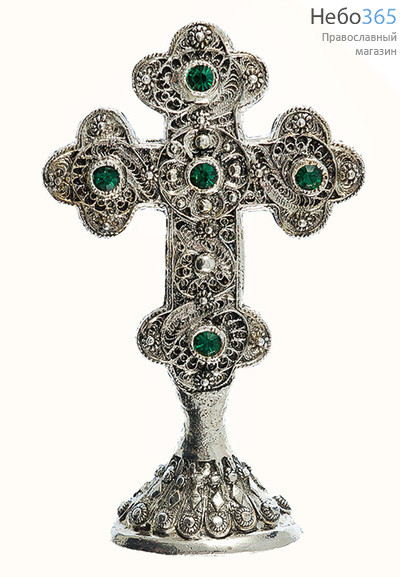  Крест металлический греческий, ажурный, на подставке, малый, 957 с зелеными камнями, фото 1 