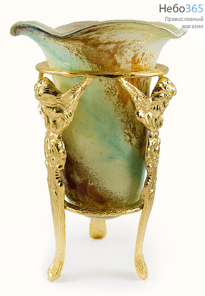  Лампада напрестольная бронзовая Ангелы. Тринога, литая, с позолотой, со стаканом ручной работы, высотой 24 см, фото 1 