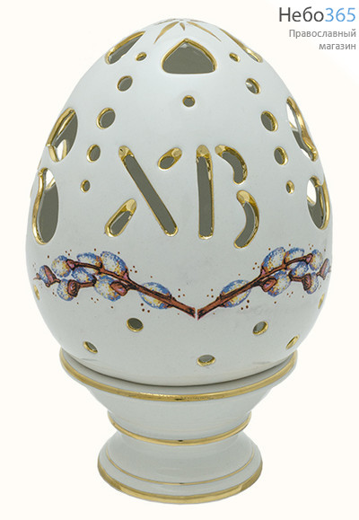  Яйцо - светильник пасхальное керамическое с нишей для чайной свечи, белая глазурь, деколи Верба, Весна, с золотом, в ассортименте, СЯСВБ0В0З., фото 1 