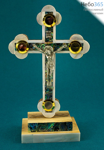  Крест деревянный Иерусалимский из оливы, с полным двухцветным перламутром, с металлическим распятием, с 4 вставками, на подставке, выс. 22 см, фото 1 