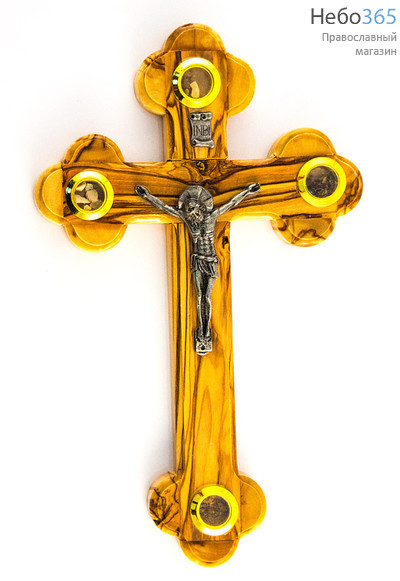  Крест деревянный Иерусалимский из оливы, с металлическим распятием, с 4 вставками, высотой 22 см, фото 1 