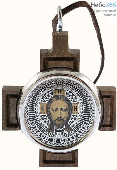  Икона автомобильная 5,3х5,3, на обсидиане с посеребрением, в посеребренной рамке, на деревянном кресте, подвесная, круглая Господь Вседержитель, фото 1 