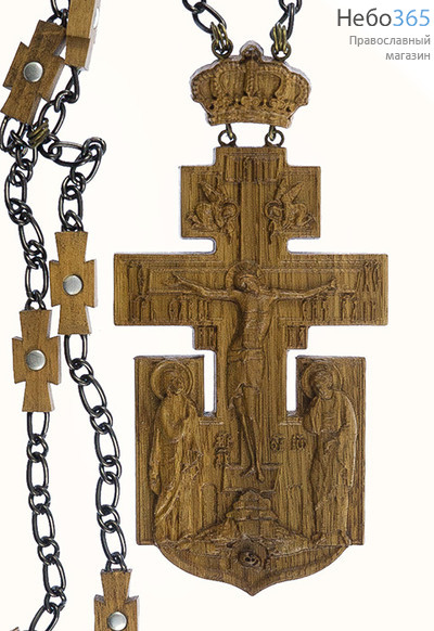  Крест наперсный протоиерейский деревянный из дуба, в форме якоря, с предстоящими, на цепочке, высотой 14,5 см, машин. резьба, руч. довод, фото 1 