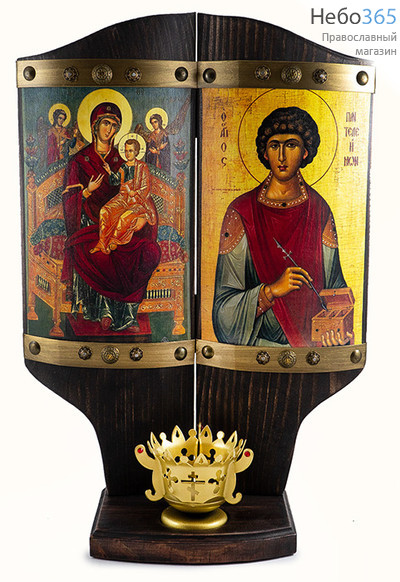  Всецарица икона Божией Матери и великомученик Пантелеимон. Композиция на дереве 27х40х3 см, печать на холсте, объемная, фигурный верх, лампада на полочке (№125) (Пин), фото 1 