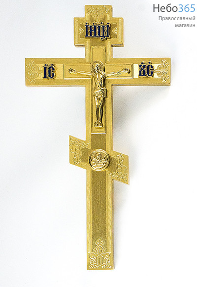  Крест напрестольный из латуни, с накладным распятием, восьмиконечный, с гравировкой и эмалью, высотой 31 см, № 24, фото 1 