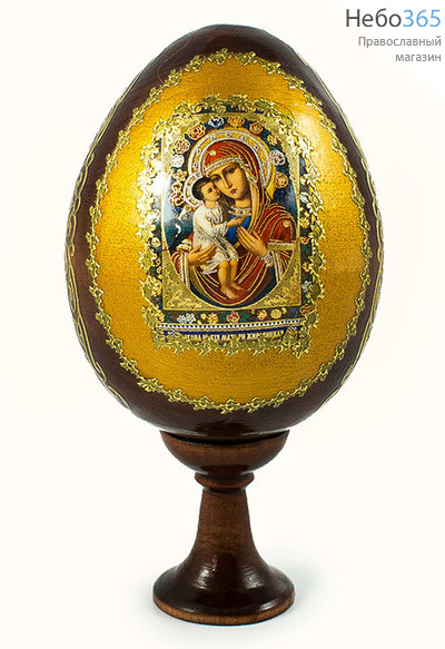  Яйцо пасхальное деревянное на подставке, с иконой, коричневое, среднее, с золотистым фоном, с золотой аппликацией, выс. 8,5 см (без учета подст.) с иконой Божией Матери, в ассортименте, фото 1 