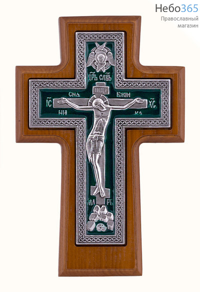  Крест деревянный 17122-1, настенный, с вклейкой из гальваники, с эмалью, плетенка, с посеребрением, ясень., фото 1 