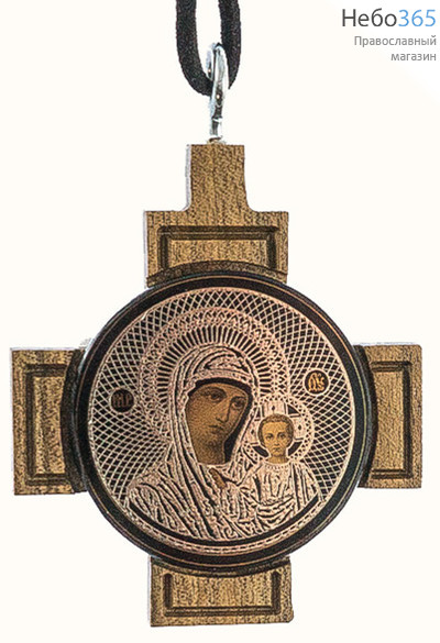  Икона автомобильная 5,3х5,3, на обсидиане с посеребрением, на деревянном кресте, подвесная, круглая Божией Матери икона Казанская, фото 1 