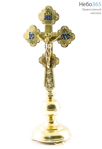 Крест напрестольный из латуни, с накладным распятием, форма "Трилистник", с гравировкой и эмалью, на подставке, высотой 49 см, № 14, фото 1 