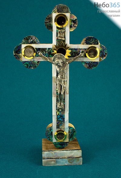  Крест деревянный Иерусалимский из оливы, с полным двухцветным перламутром,на подставке с металлическим распятием, с 5 вставками, высотой 24 см, фото 1 