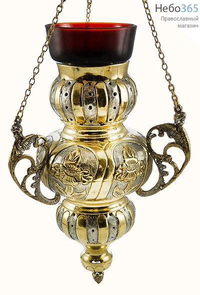  Лампада подвесная латунная Каскад, трехярусная, с чеканкой, с позолотой, с посеребрением, с чернением, высотой 28,5 см, фото 1 