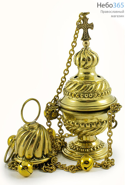  Кадило малое латунное требное, с 8 позвонцами, с чеканкой, с медной чашей, высотой 16 см вид чеканки № 3, фото 1 