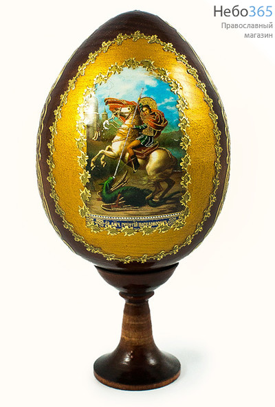  Яйцо пасхальное деревянное на подставке, с иконой, коричневое, среднее, с золотистым фоном, с золотой аппликацией, выс. 8,5 см с иконами Святых, в ассортименте, фото 1 