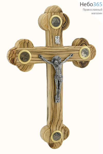  Крест деревянный Иерусалимский из оливы, с металлическим распятием, с 4 вставками, высотой 27 см, фото 1 
