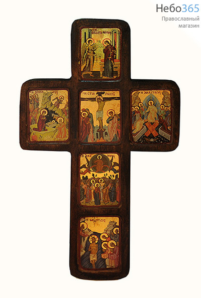  Крест деревянный, 21,5х36 см, 6 икон: Благовещение, Рождество Христово, Распятие, Воскресение Христово, Вознесение, Крещение, с ковчегом (Нпл) (B 152), фото 1 