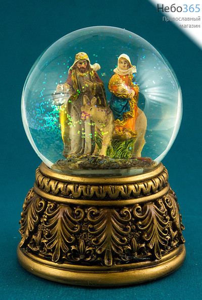  Вертеп рождественский из полистоуна, в шаре, с гелем и блестками, музыкальный, с цветной подсветкой, высотой 15,2 см, BW 20260., фото 1 