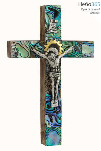  Крест деревянный Иерусалимский из оливы, с полным перламутром, с металлическим распятием, с 1 вставкой, высотой 12 см., фото 1 