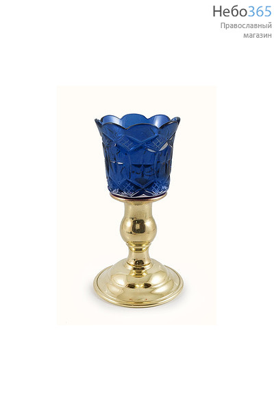  Лампада настольная латунная давленая, со стаканом с синим стаканом, фото 1 