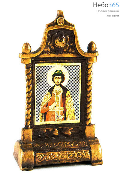  Подсвечник металлический В- 50 и фигура, обмедненный, в ассортименте № 96/ 18  Киот с ликом Святого князя Игоря. Высота 8,1 см., фото 1 