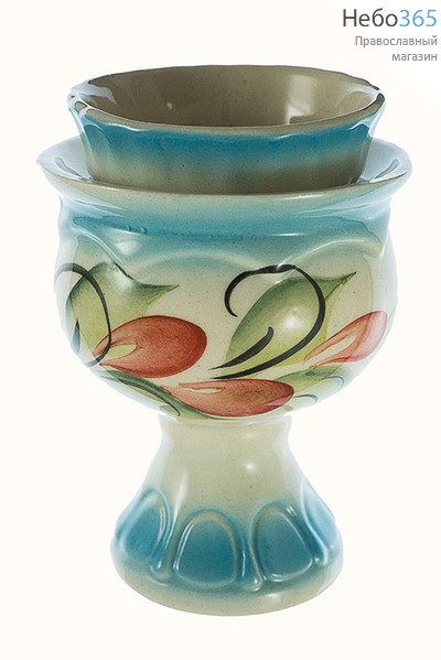  Лампада настольная керамическая "Кубок" со стаканом, средняя, с белой эмалью и цветной росписью, высотой 10,5 см, фото 1 