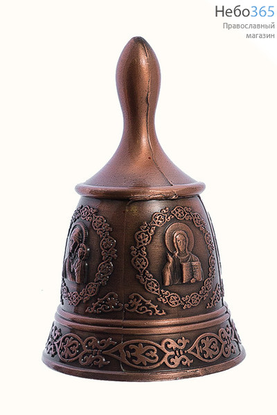  Колокольчик металлический с литыми иконами, с короткой ручкой "капелька", с орнаментами по поверхности, высотой 8 см, в ассортименте Цвет: медь, фото 1 