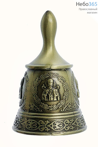  Колокольчик металлический с литыми иконами, с короткой ручкой "капелька", с орнаментами по поверхности, высотой 8 см, в ассортименте Цвет: бронза, фото 1 