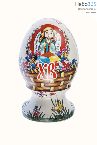  Яйцо пасхальное керамическое на цельной подставке, с белой глазурью, с цветной сублимацией "Корзиночка", высотой 9 см, фото 1 