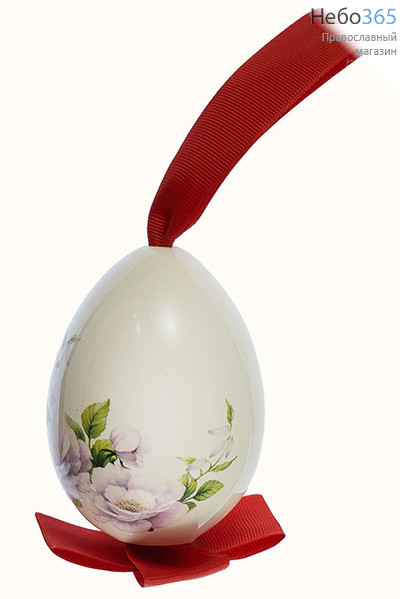  Яйцо пасхальное керамическое большое, подвесное, с белой глазурью, с деколью Цветы и птицы, 7756, фото 1 