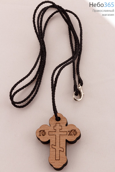  Крест нательный деревянный с выжиганием, на гайтане, 2-х видов, в ассортименте, высотой 3 см, крест001, крест002 Крест обычный, фото 1 