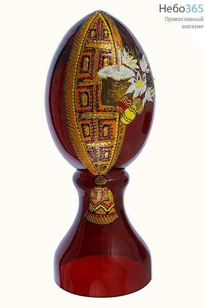  Яйцо пасхальное стеклянное Светлая Пасха, на цельной подставке, из окрашенного стекла, с ручной росписью, высотой 22 см, разных цветов, 1608 красное, вид № 2, фото 1 