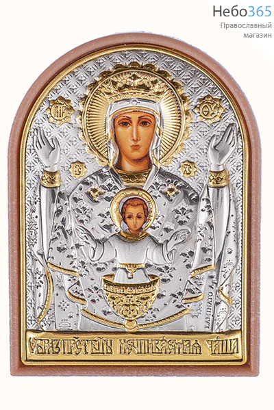  Неупиваемая Чаша икона Божией Матери. Икона в ризе 4х6х0,7 см, шелкография, серебрение, золочение, на пластиковой основе, на подставке (Ж) (EK1-РАG), фото 1 