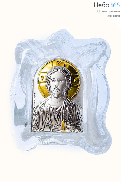  Спаситель. Икона в ризе, мурано, 4,5х5х1,5 см, сплошной оклад, серебрение, золочение, стекло, настольная (Ж) (EK0-МВG), фото 1 